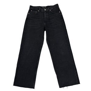 Zara Black Wide Leg Raw Hem High Waisted Button Fly Denim Mom Jeans